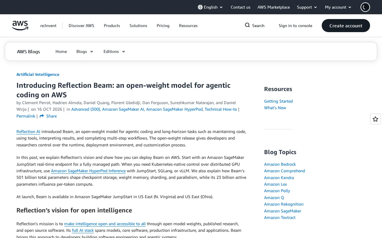 Reflection Beam Open-Weight Model Lands on AWS: A New Option for Agentic Coding