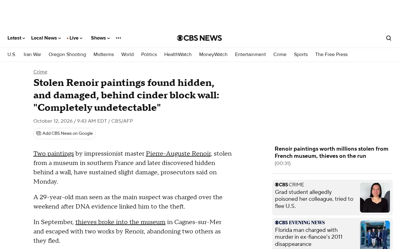 Stolen Renoir Painting Found Hidden Behind Cinder Block Wall, Damaged