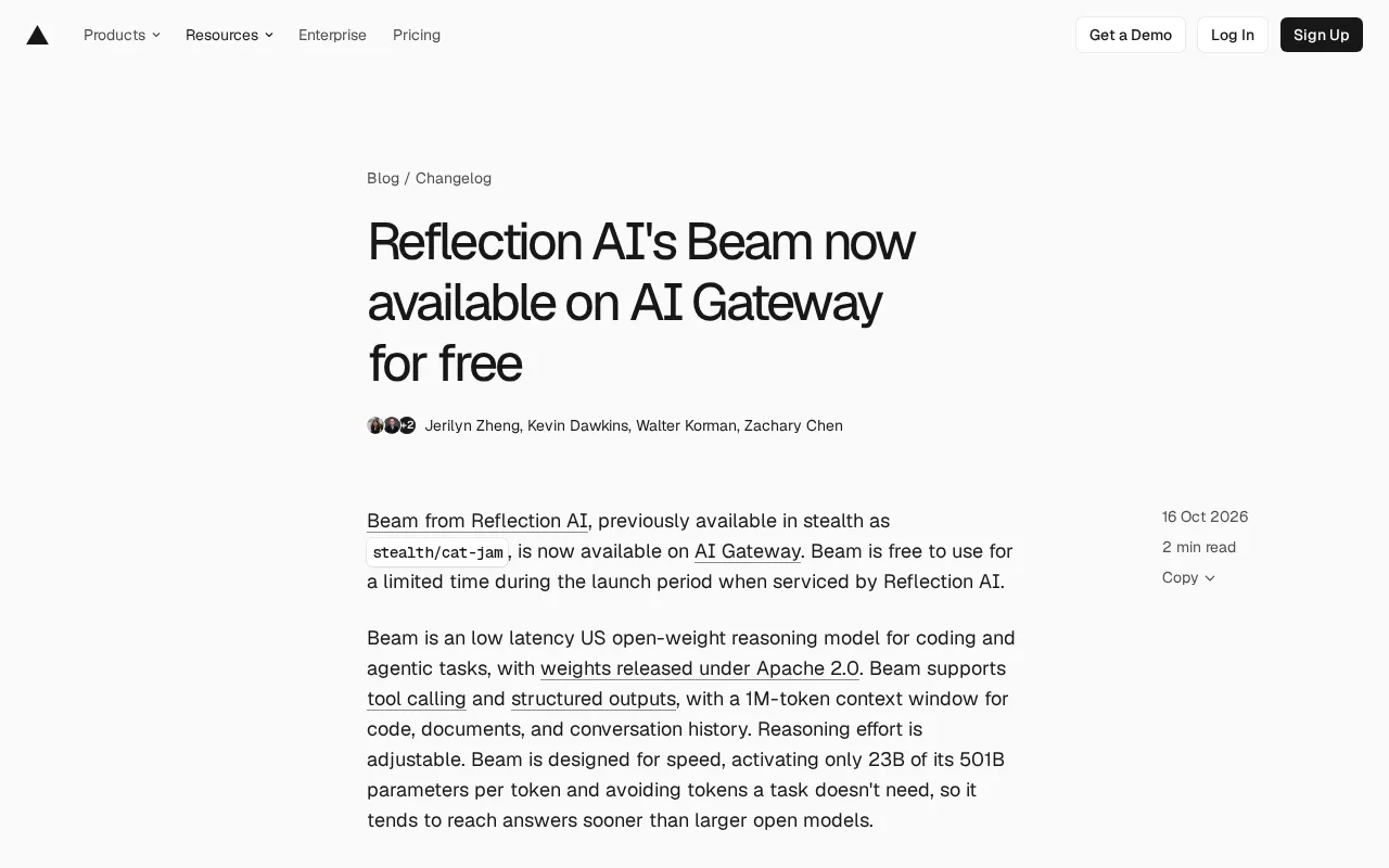 Reflection AI's Beam Reasoning Model Goes Live on AI Gateway, Free During Launch