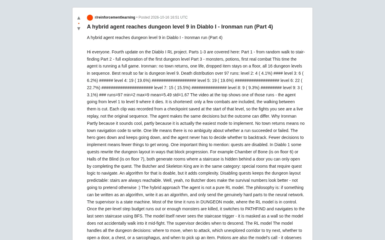 Hybrid AI Agent Clears Diablo I Ironman Mode, Reaches Level 9
