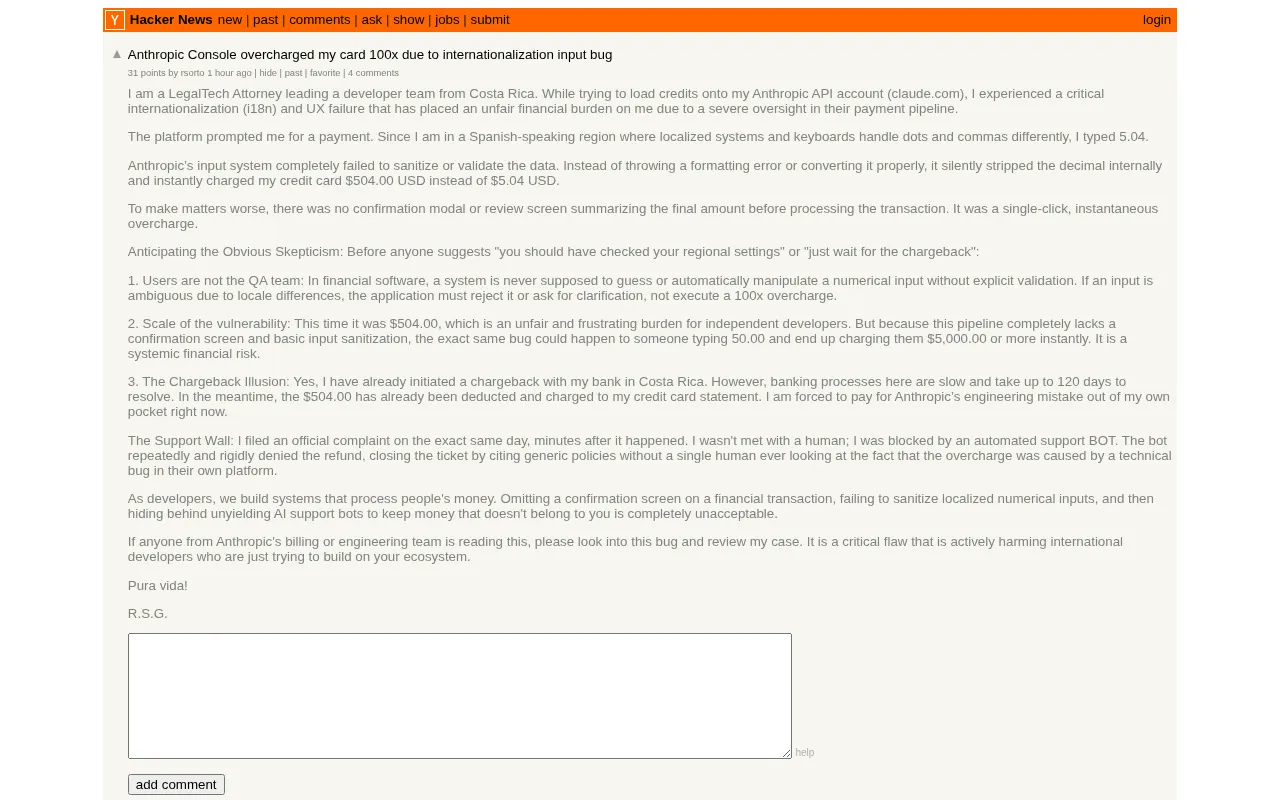 Anthropic Console Overcharges User 100x Due to Internationalization Input Bug