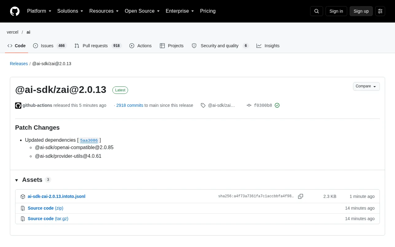 AI SDK Adds Z.ai Support Update: @ai-sdk/zai 2.0.13 Released