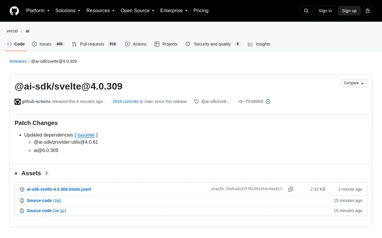 AI SDK Svelte Releases 4.0.309 Patch Update
