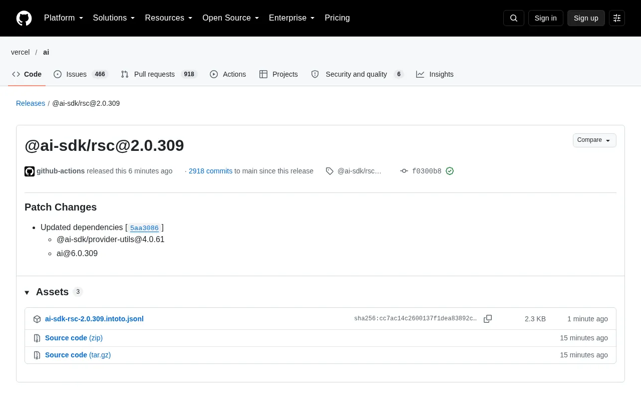 @ai-sdk/rsc 2.0.309 Released: The Technical Signals Behind a Dependency Update