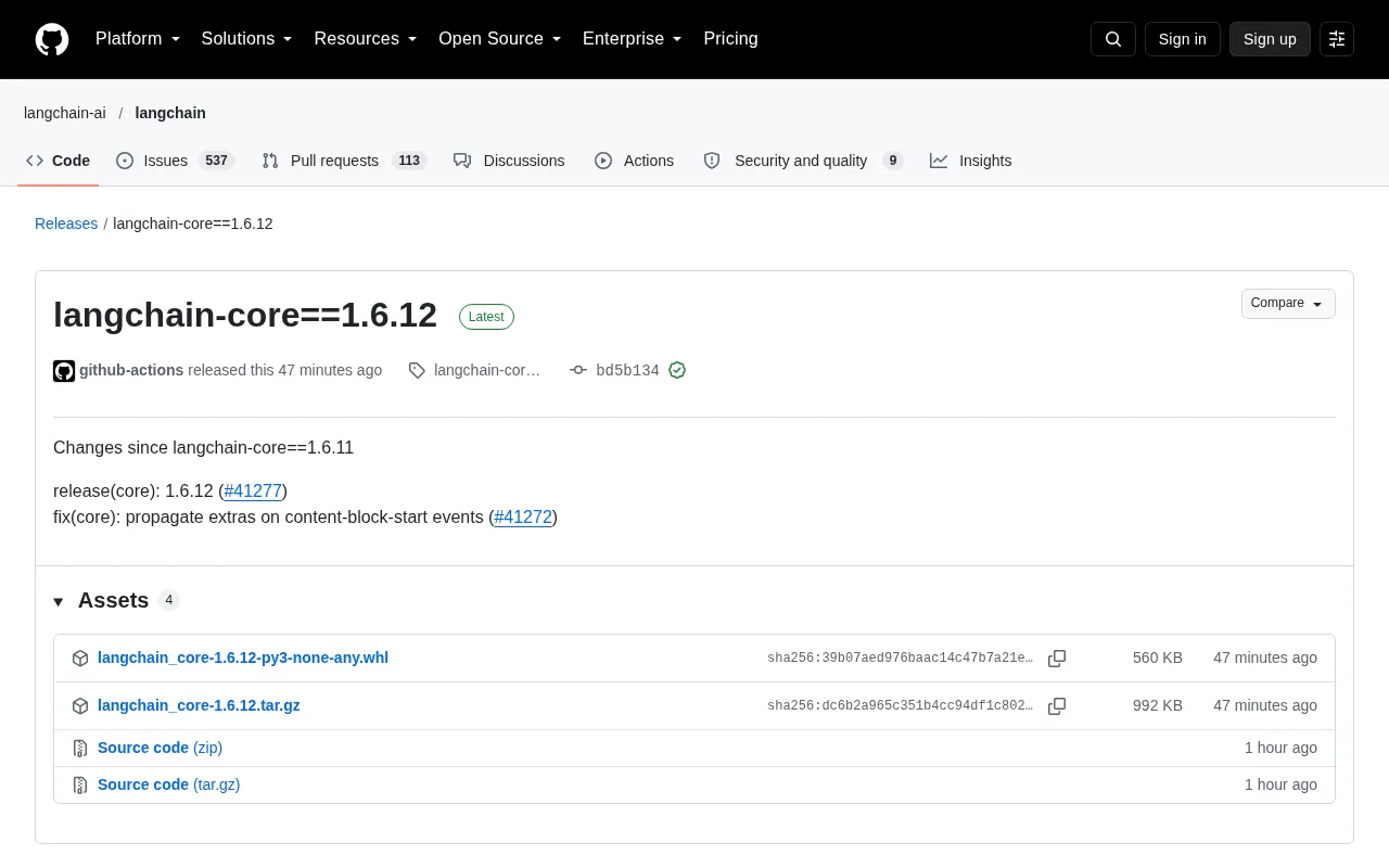 LangChain Core 1.6.12 Released: Fix for Streaming Content Block Event Defect