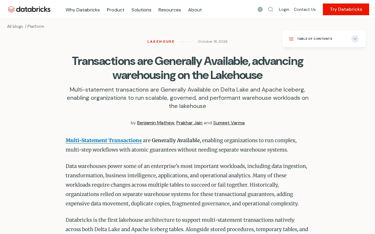 Lakehouse Multi-Statement Transactions Officially GA: Data Warehouse Capabilities Evolve Further