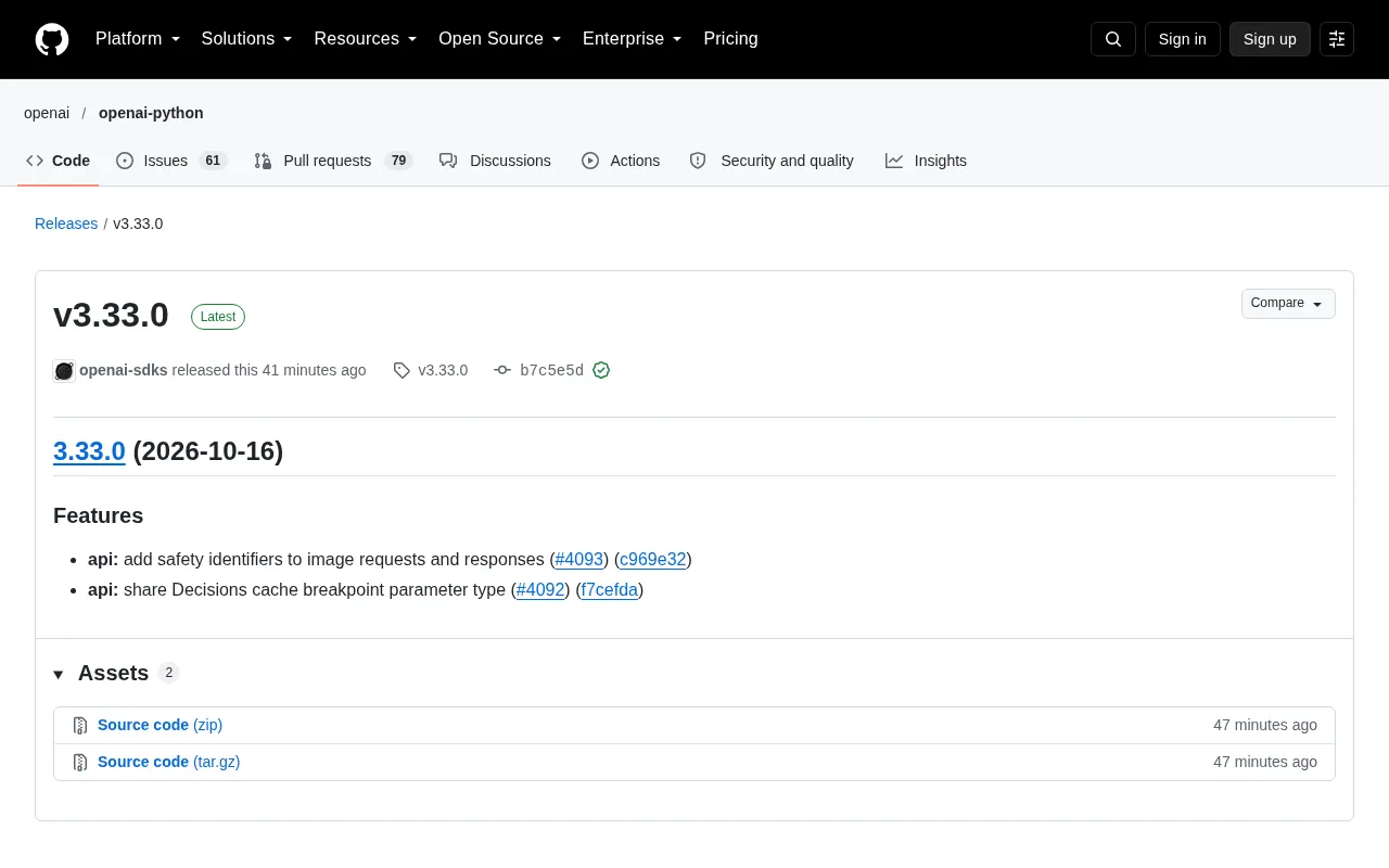 OpenAI SDK v3.33.0 Released: Image Safety Identifiers and Cache Parameter Updates