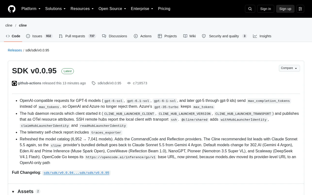 Cline SDK v0.0.95 Update: GPT-6 Compatibility Fix and Hub Telemetry Identity
