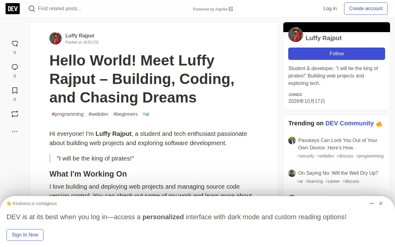 rss source: Hello World! Meet Luffy Rajput – Building, Coding, and Chasing Dreams