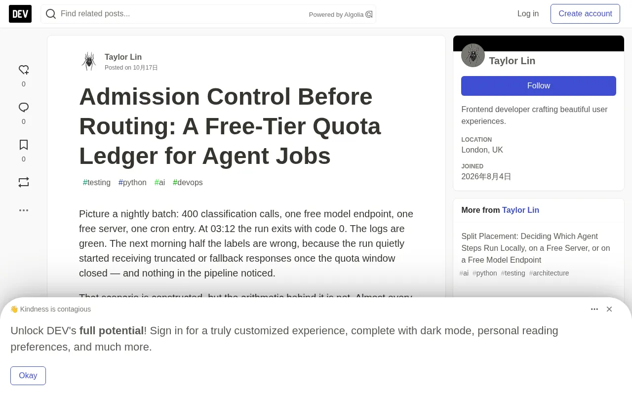 rss source: Admission Control Before Routing: A Free-Tier Quota Ledger for Agent Jobs