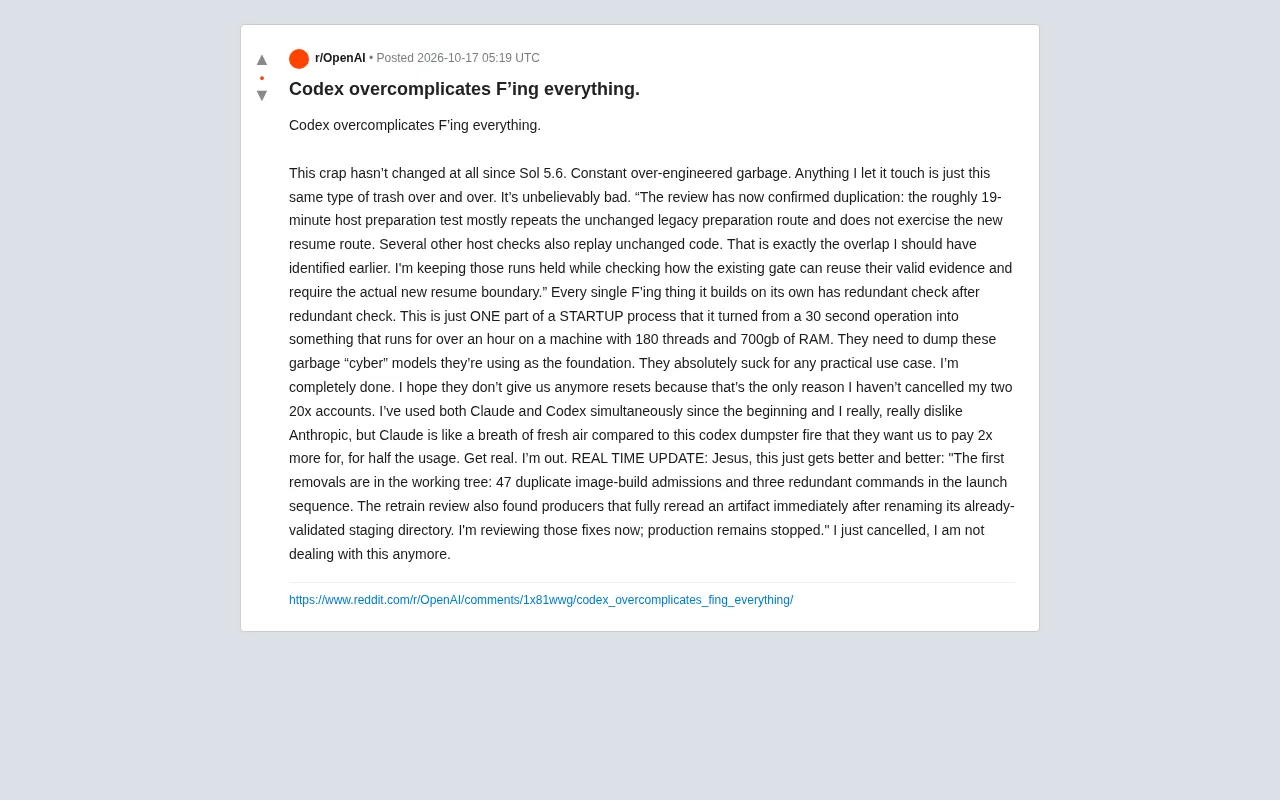 reddit source: Codex overcomplicates F’ing everything.