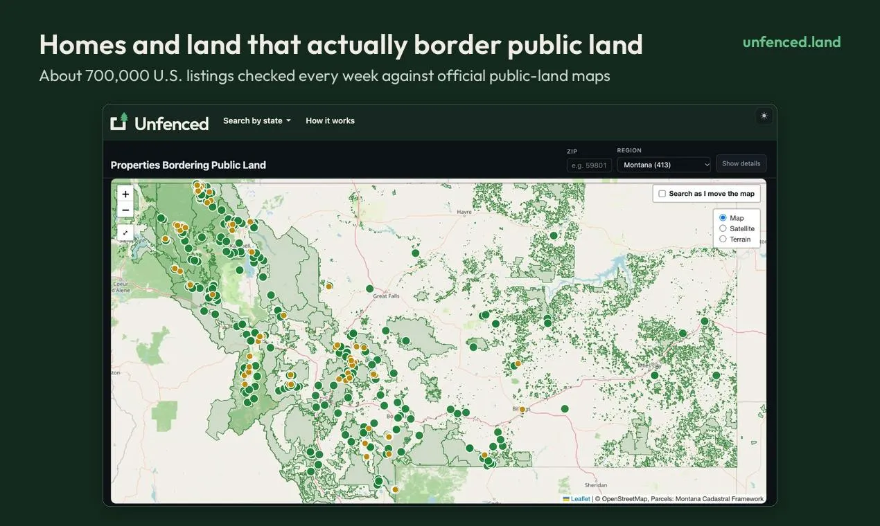 Unfenced:用地图数据精准筛选毗邻公共土地的待售房产