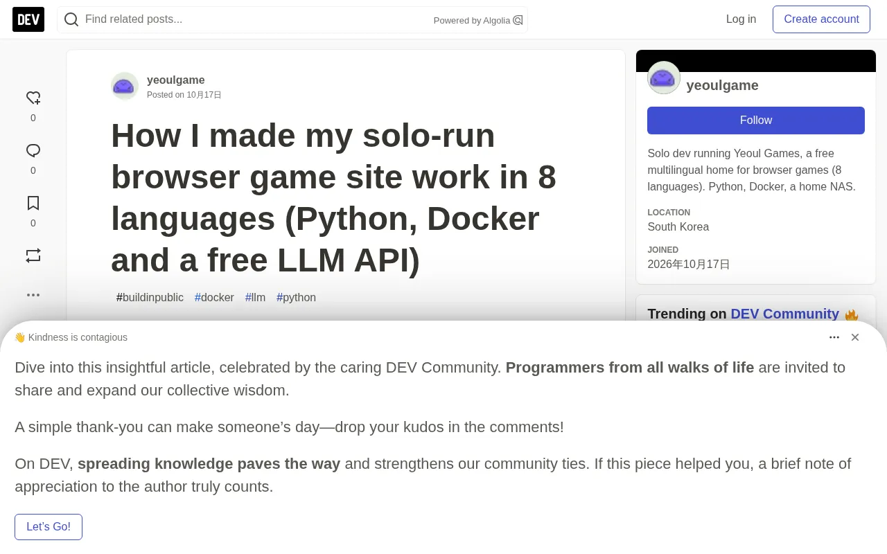 Solo Developer Builds 8-Language Game Site: A Practical Review of Python + Docker + Free LLM