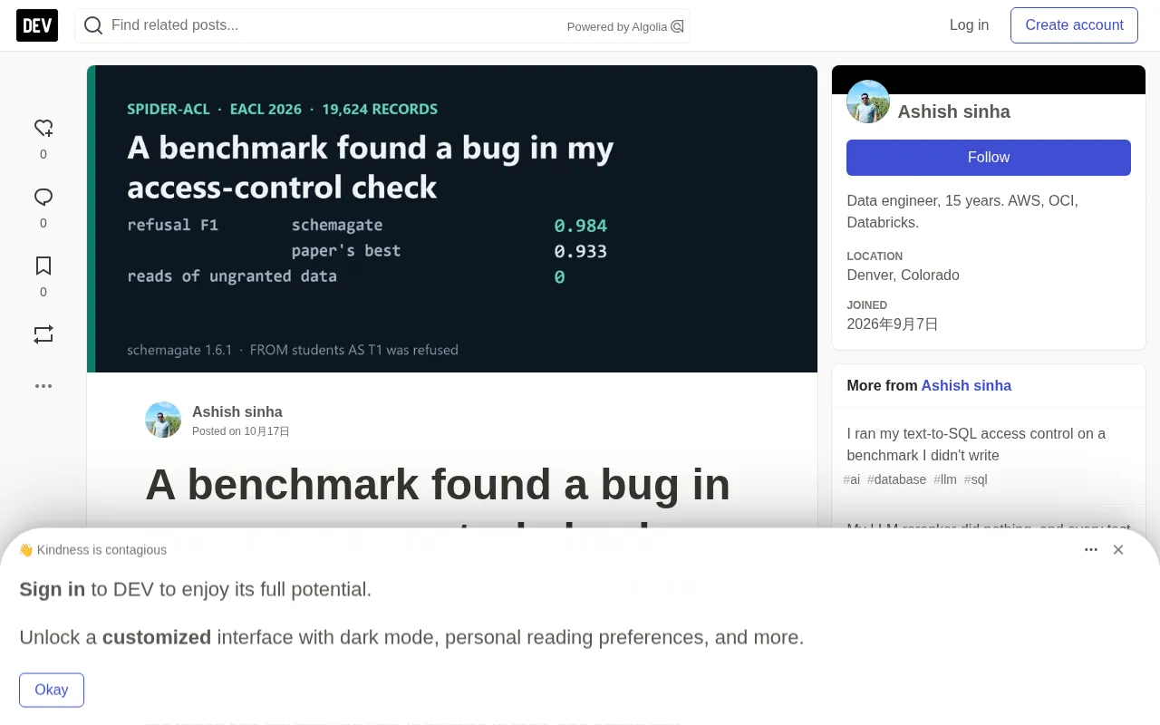 An Access-Control Bug Exposed by a Benchmark: F1 Hits 0.984 After the Fix