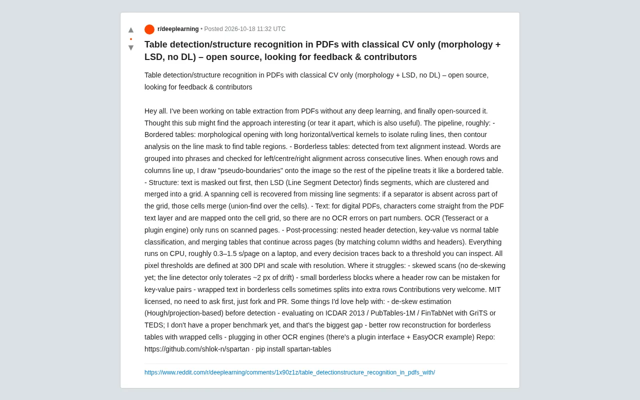 Pure Classic CV for PDF Table Recognition: An Analysis of the Open-Source Project Spartan