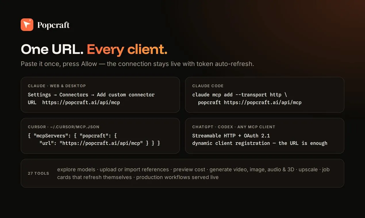 Popcraft: A Single URL Lets AI Agents Generate Video, Images, and Audio