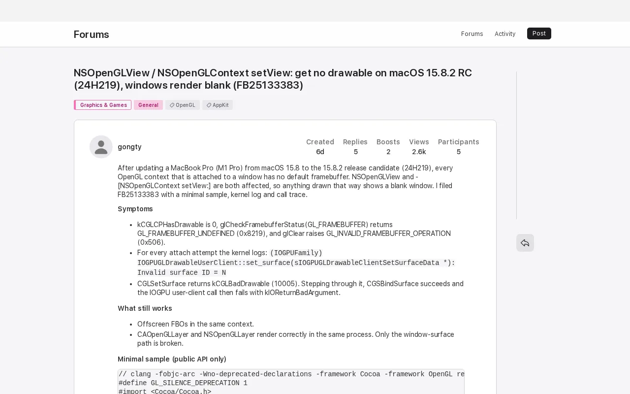 macOS 15.8.2 Update Breaks OpenGL, Developer Community Races to Investigate