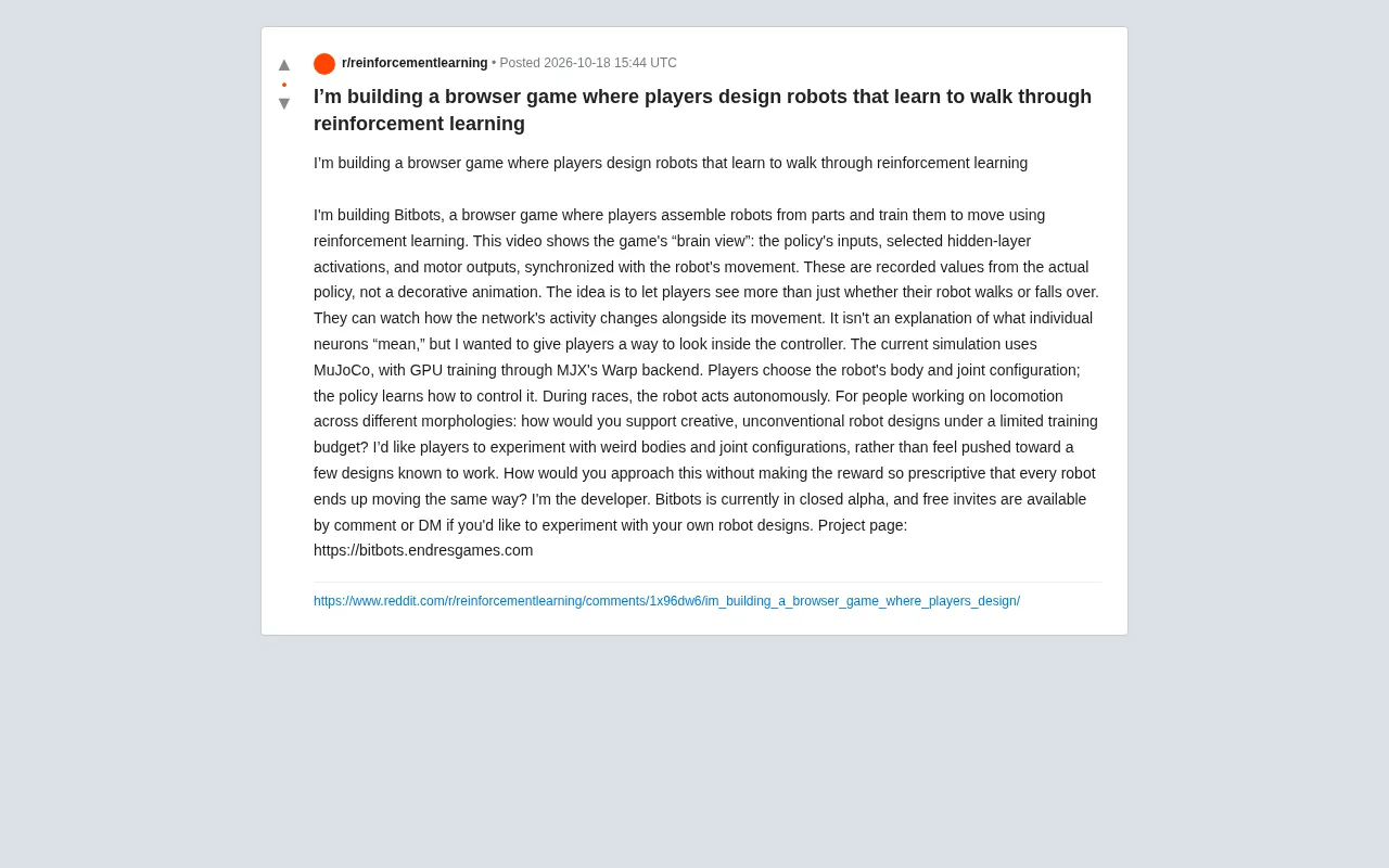 Browser Game + Reinforcement Learning: Players Build Robots and Watch Neural Networks Learn to Walk