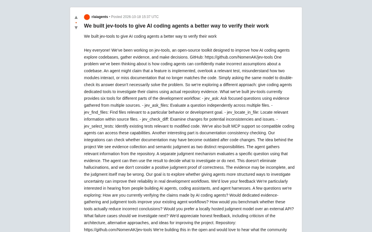 reddit source: We built jev-tools to give AI coding agents a better way to verify their work