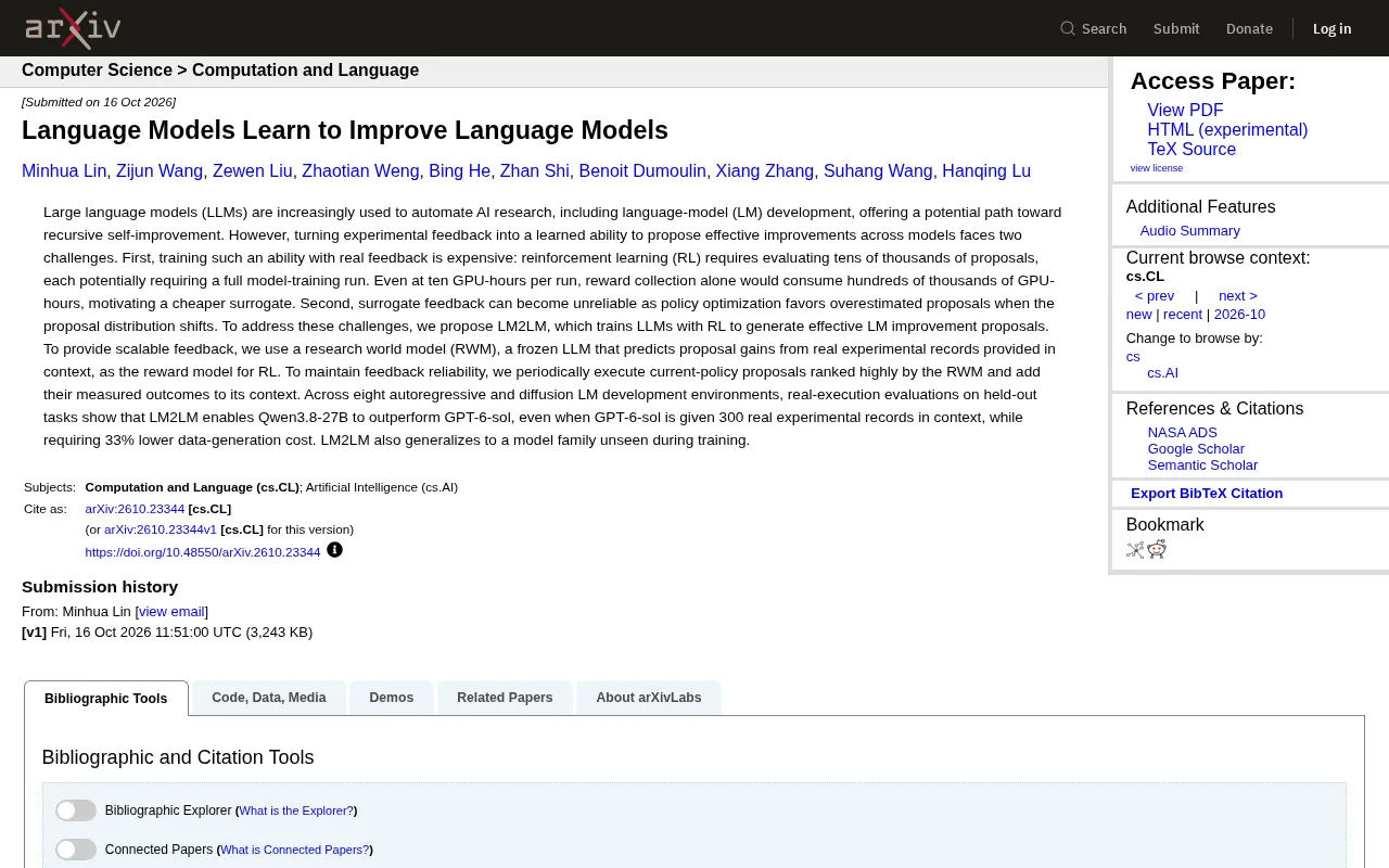 LM2LM: Language Models Learn Self-Improvement, Opening a New Path to Recursive Self-Improvement