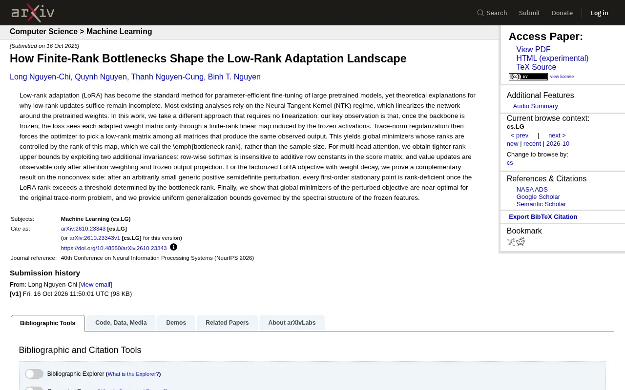 Finite-Rank Bottleneck: A New Theoretical Perspective on LoRA Low-Rank Adaptation