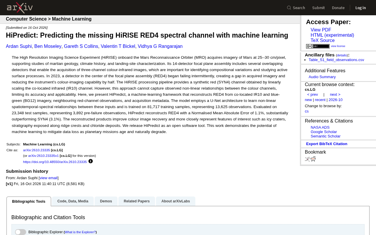 机器学习修复火星探测器缺失波段:HiPredict 重建 HiRISE 彩色影像