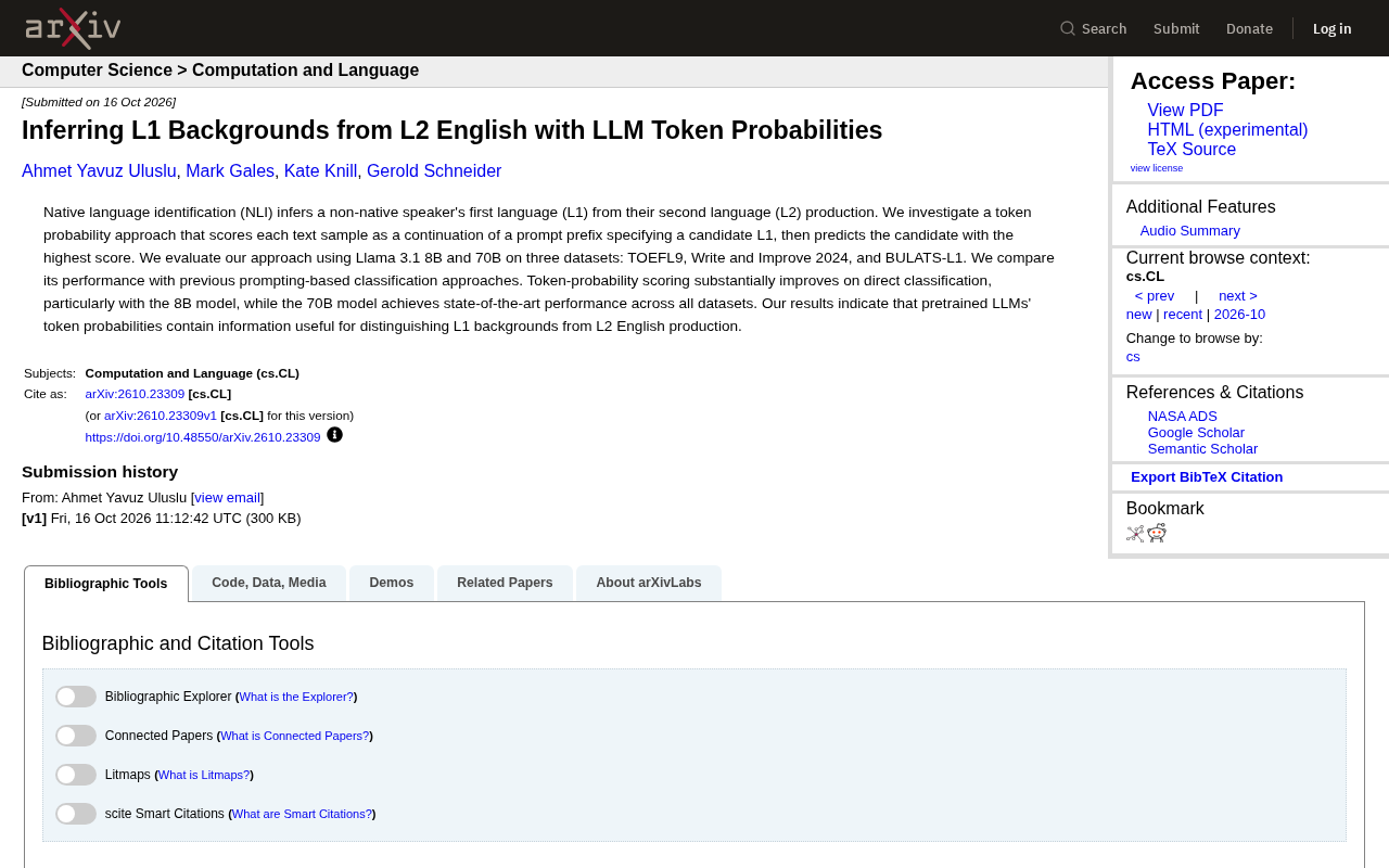 Inferring L1 Backgrounds from L2 English via LLM Token Probabilities: 70B Model Achieves SOTA
