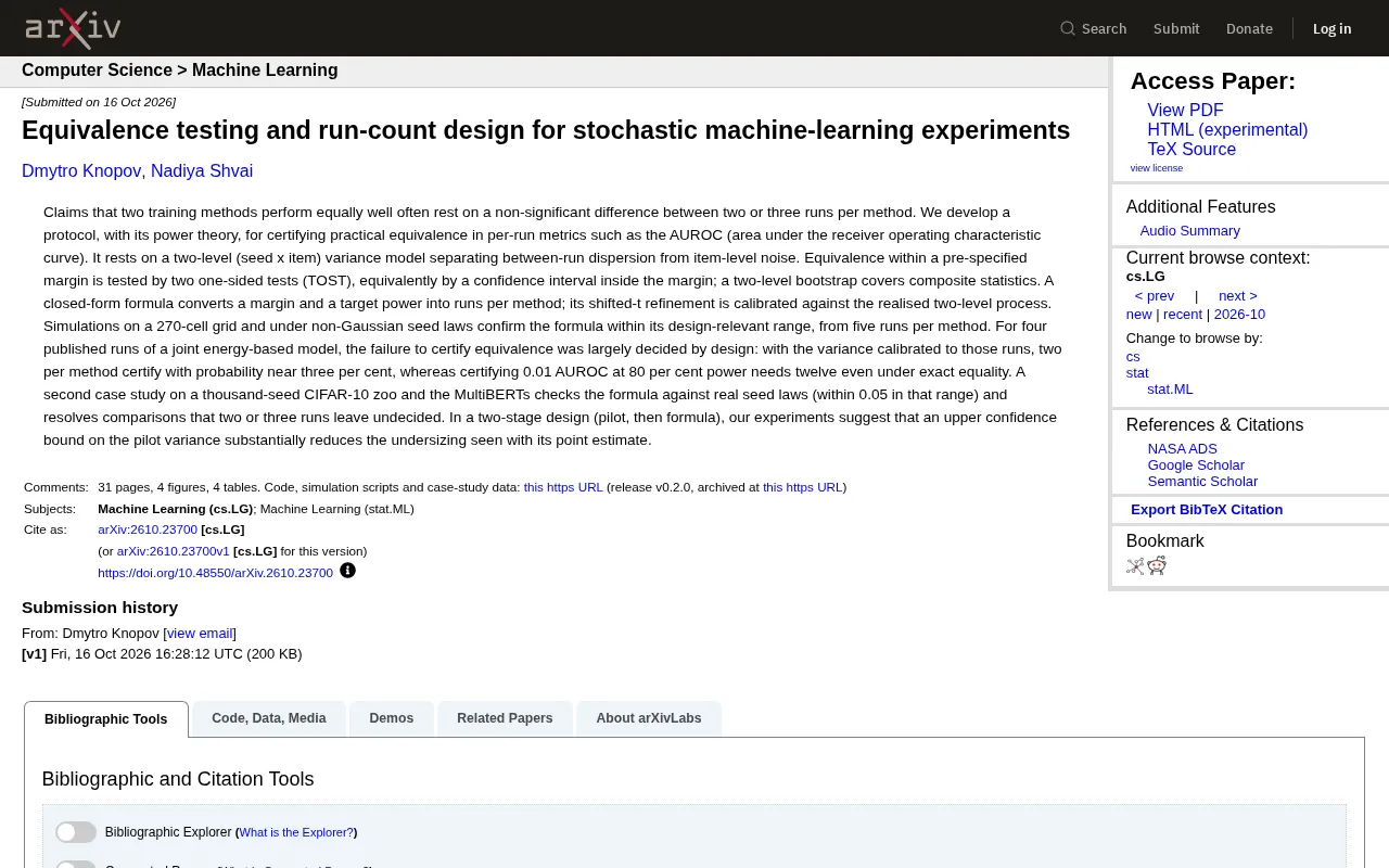 Equivalence Testing and Run-Count Design for Stochastic ML Experiments