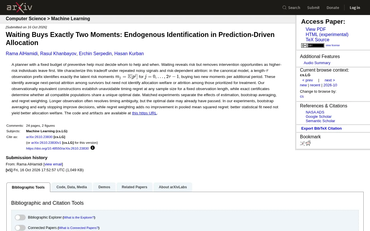 Waiting Reveals Exactly Two Risk Moments: Endogenous Identification in Prediction-Driven Allocation