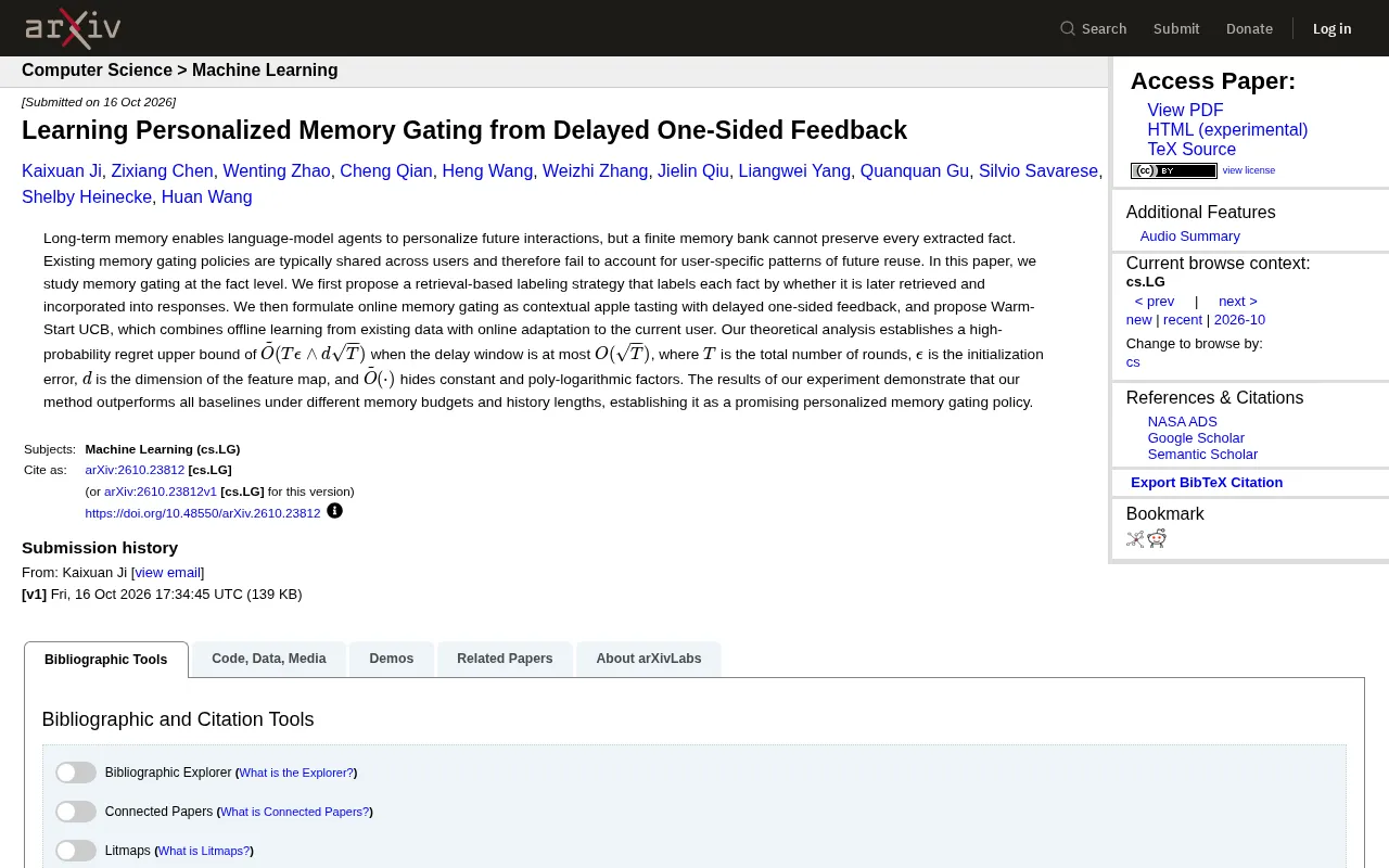 Personalized Memory Gating under Delayed Feedback: A Warm-Start UCB Approach