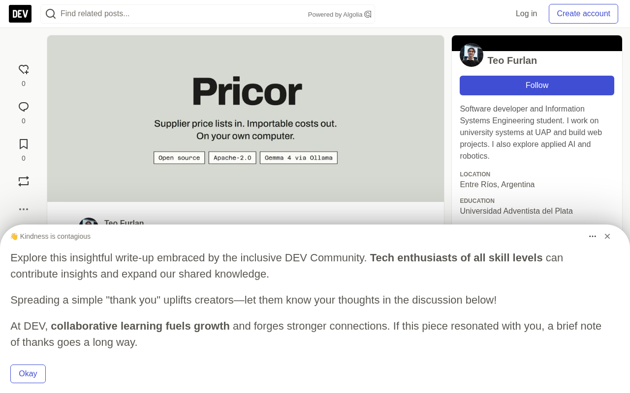 Pricor: Local AI Reads Supplier Tables, Precision Engine Calculates Prices