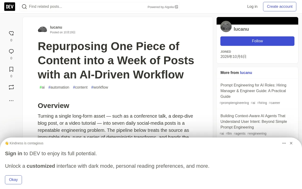 rss source: Repurposing One Piece of Content into a Week of Posts with an AI‑Driven Workflow
