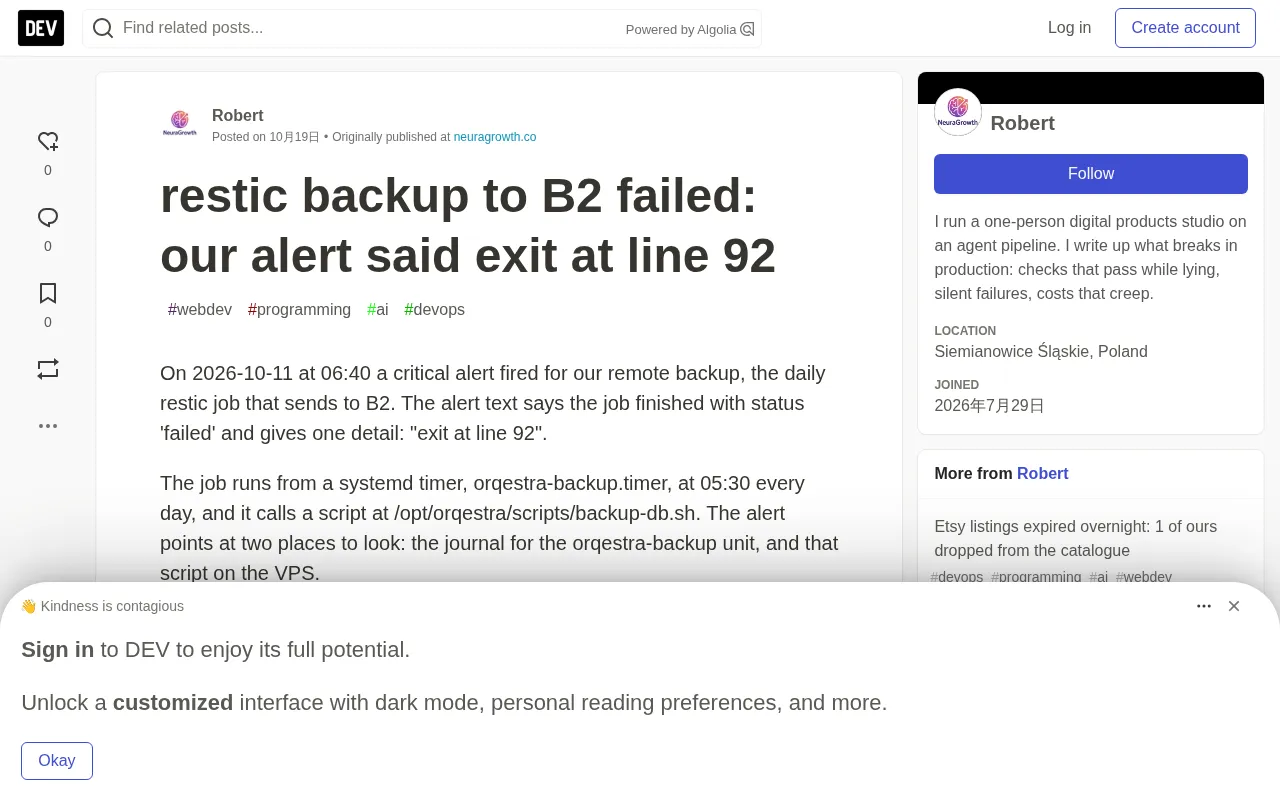 restic Backup to B2 Failure Alert Reports Only a Line Number? Reflections on Alert Design