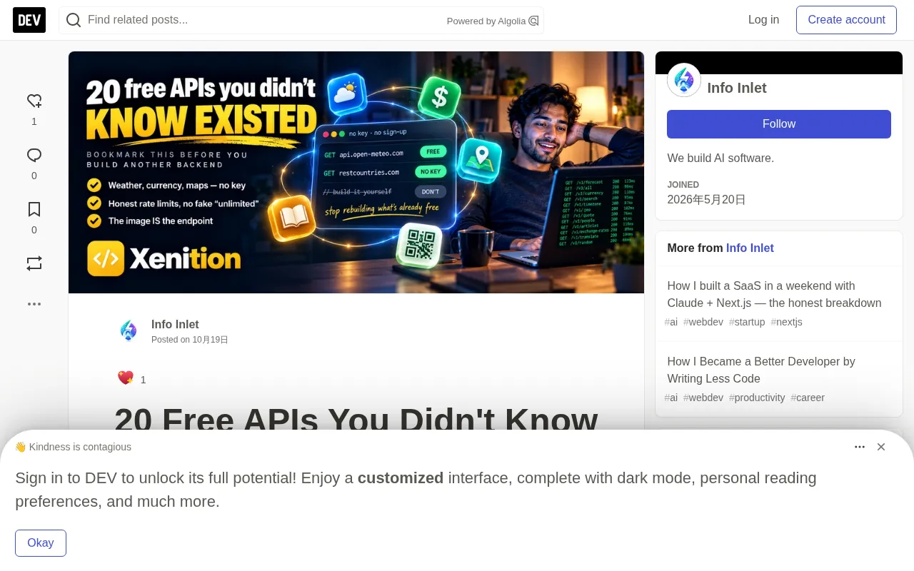 rss source: 20 Free APIs You Didn't Know Existed (Bookmark This)