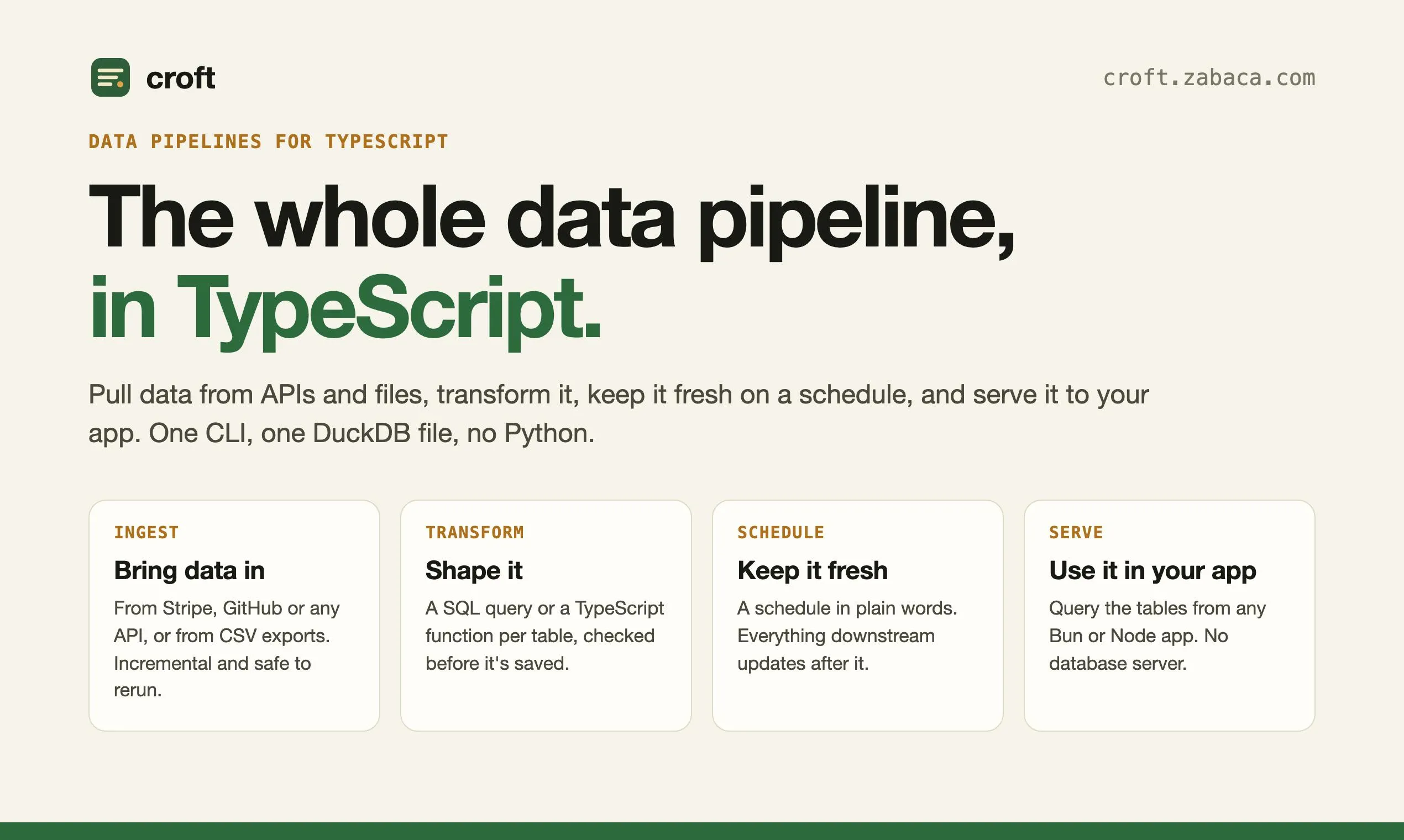 croft: Build Data Pipelines in TypeScript, All in a Single DuckDB File