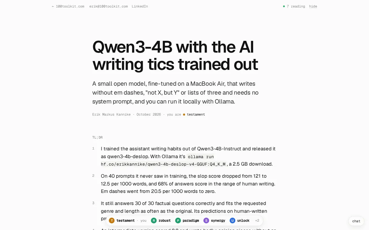 Qwen3-4B Fine-Tuned to Remove AI Writing Tics, Show HN Project Draws Attention