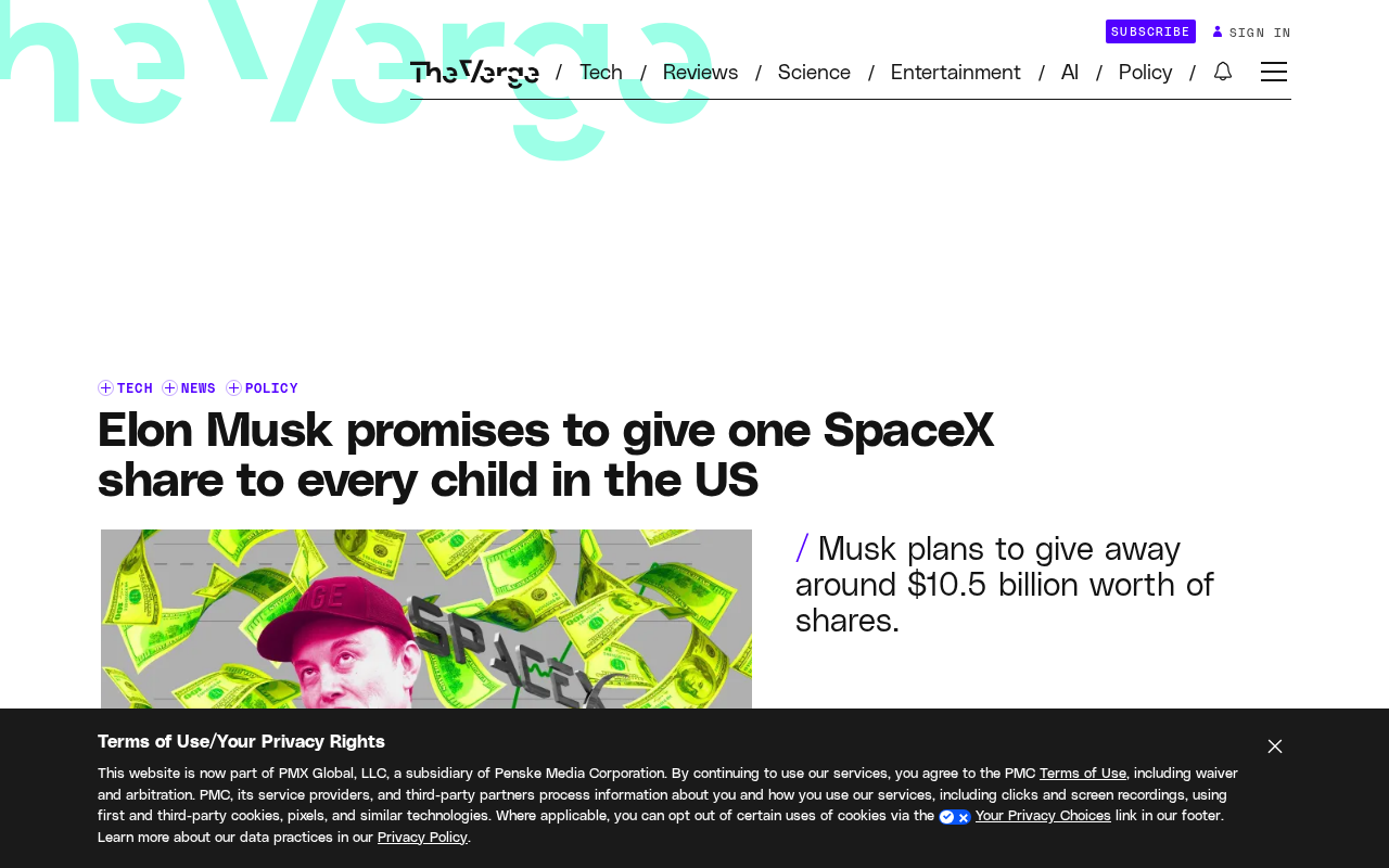 马斯克承诺向全美儿童赠送SpaceX股票