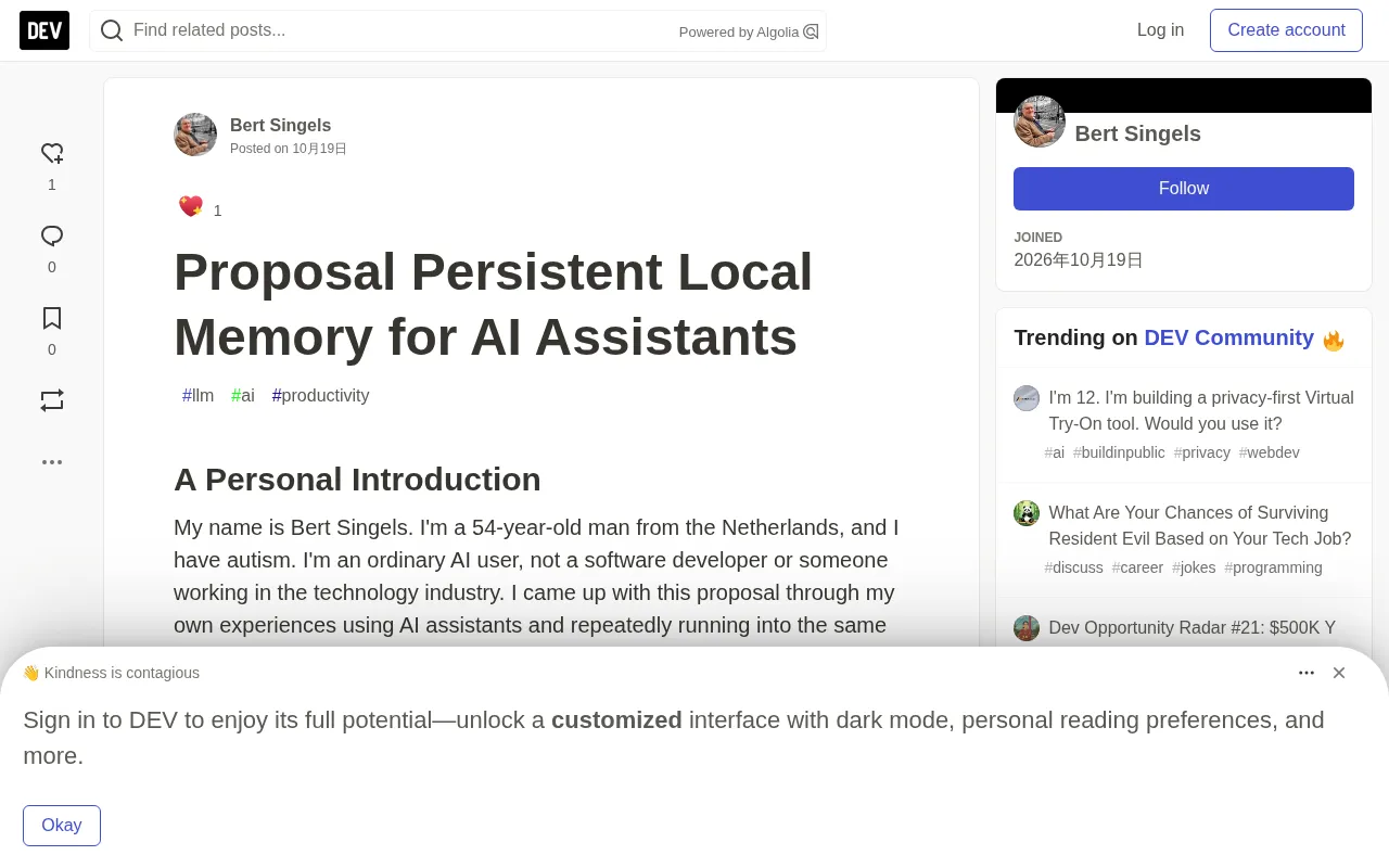 Persistent Local Memory for AI Assistants: A User-Driven Architecture Proposal