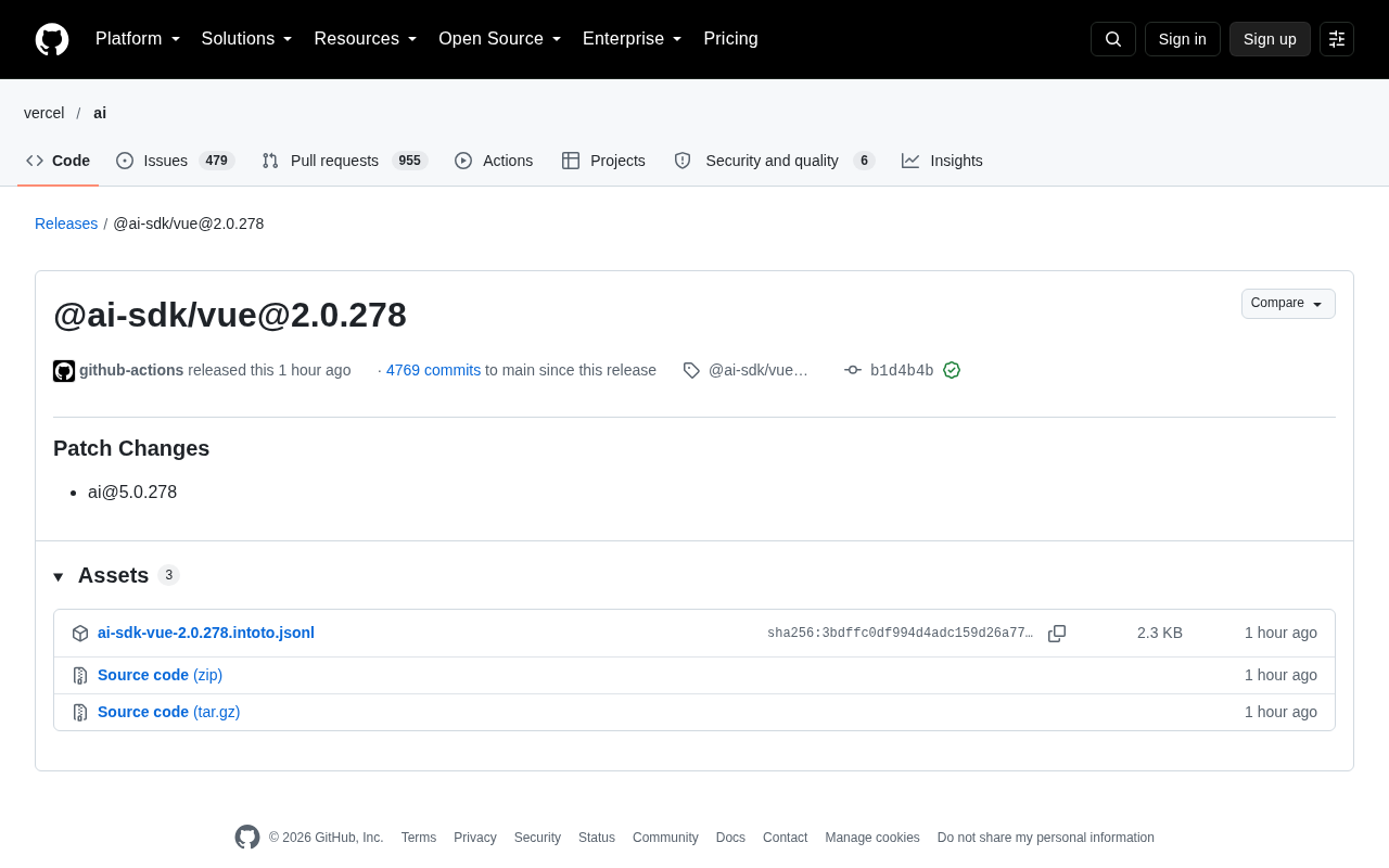 AI SDK Vue 2.0.278 Patch Released: Core ai Package Synchronized