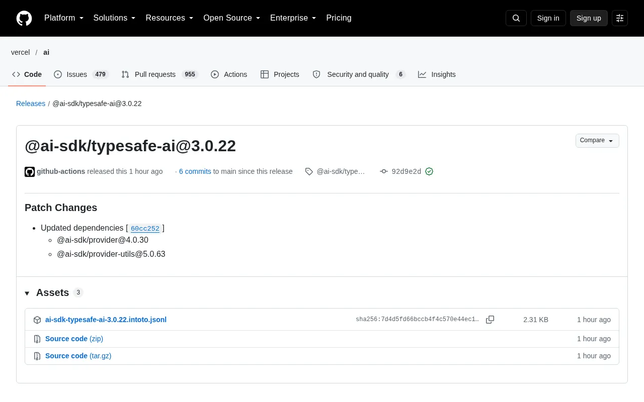 Patch Release Updates Dependencies Only: @ai-sdk/typesafe-ai 3.0.22 Released