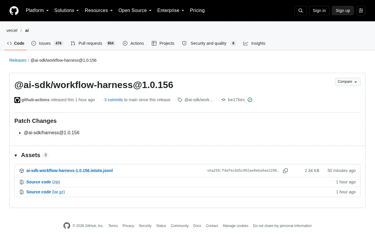 AI SDK workflow-harness 1.0.156 Patch Released: Harness Updated in Sync