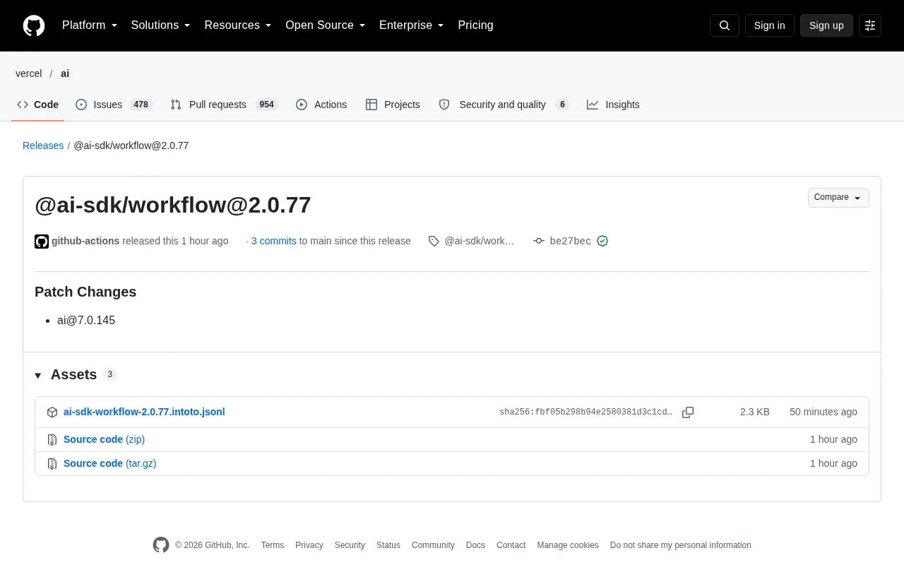 AI SDK Workflow 2.0.77 Patch Released: A Low-Key Version Iteration