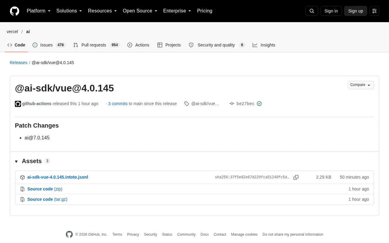 @ai-sdk/vue 4.0.145 Released: Another Minor Update for the Vue AI SDK