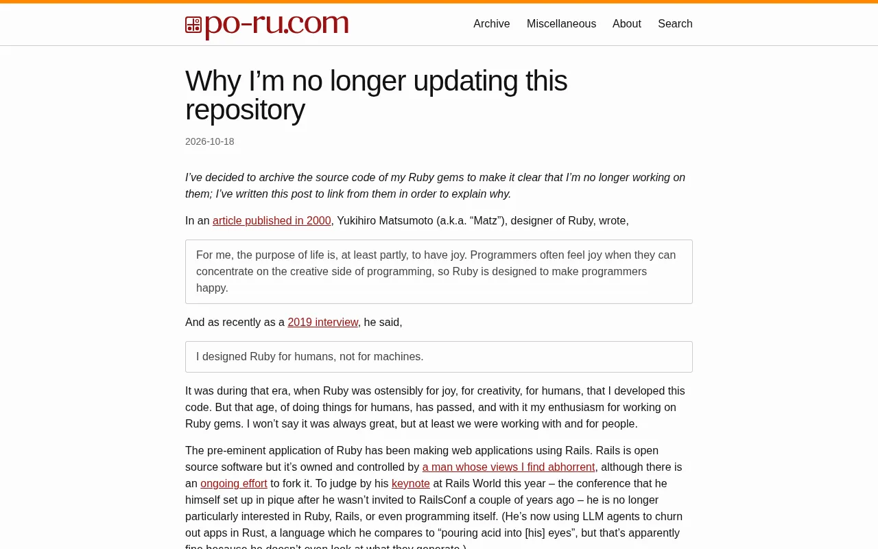 Ruby Gem Maintainer Archives All Repositories: A Microcosm of Open Source Burnout