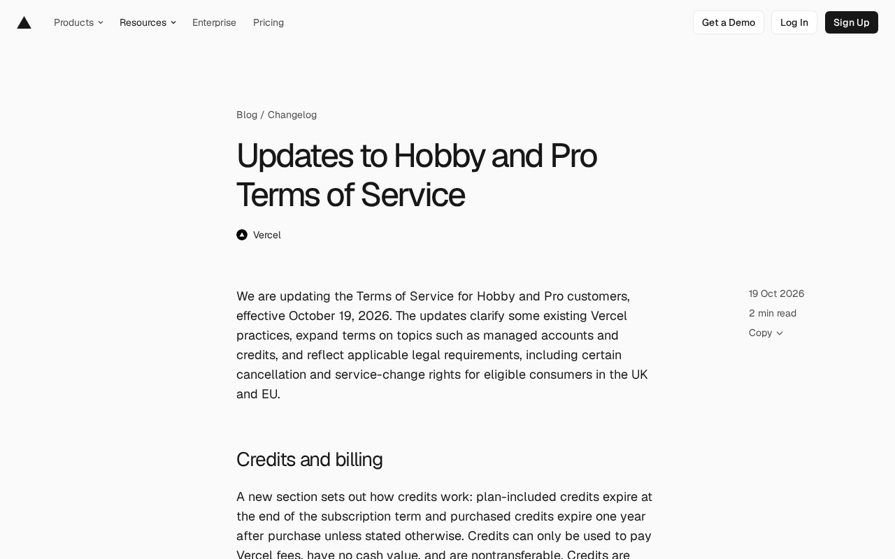 Vercel更新Hobby与Pro服务条款:积分、管理与取消政策详解