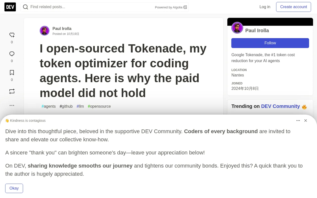 Tokenade Goes Open Source: A Token Optimizer for Coding Agents, and Why It's Free
