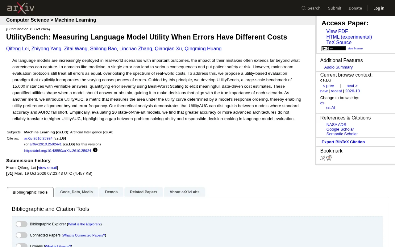 UtilityBench: How Should We Evaluate Language Models When Error Costs Differ?