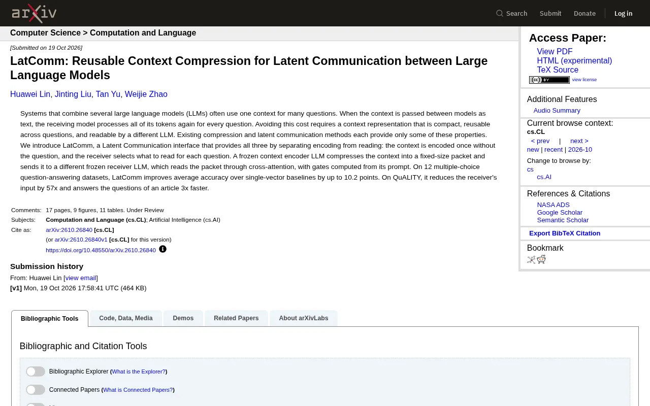 LatComm: Reusable Context Compression Speeds Up LLM-to-LLM Communication by 3x