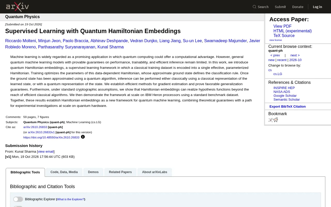Quantum Hamiltonian Embeddings: A New Framework for Quantum Machine Learning