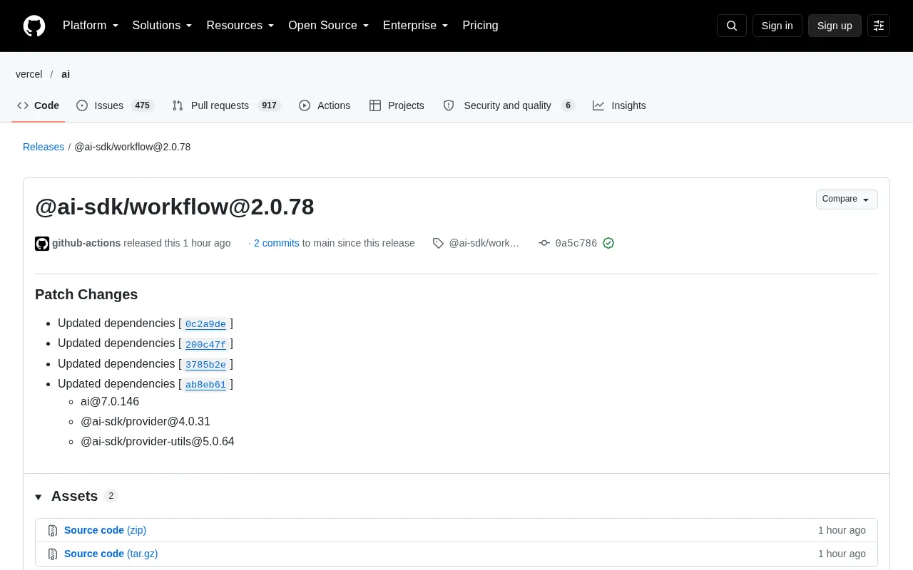@ai-sdk/workflow 2.0.78 Released: Dependency Chain Synced and Upgraded